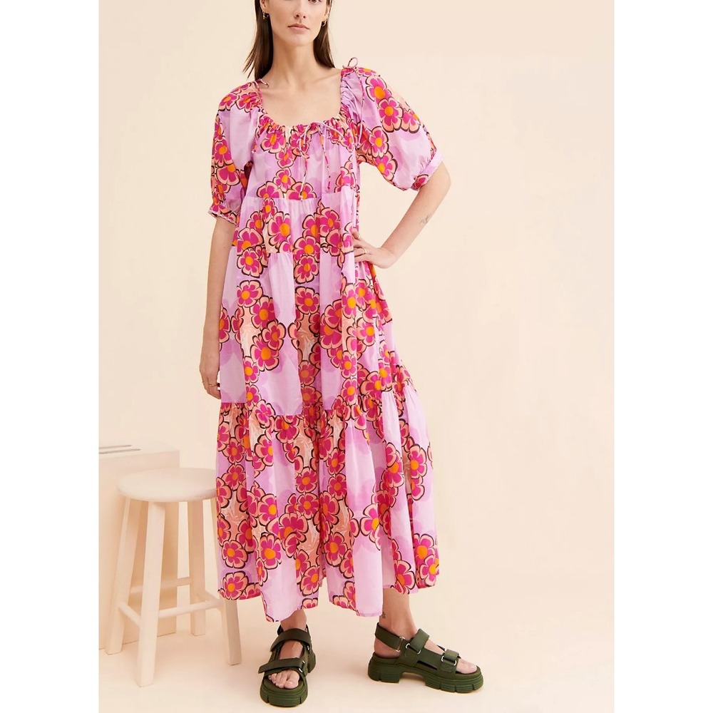 Lavender Floral Tiered Maxi Dress with Puff Sleeves